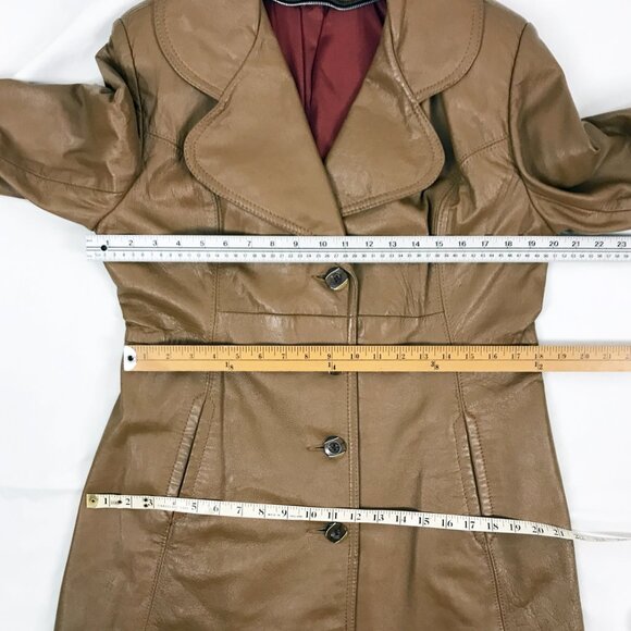 Vintage 70s Leather Jacket Brown Knee length Big Lapel - Picture 9 of 9